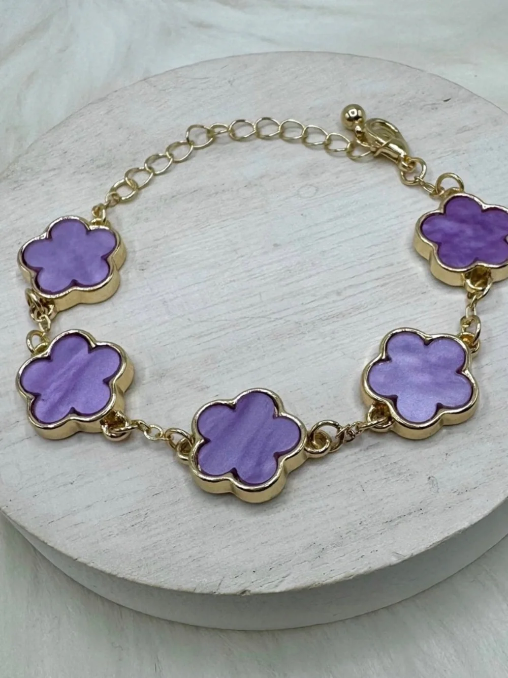 Purple Clover Charm Bracelet Gold Tone Adjustable Floral Link Bracelet